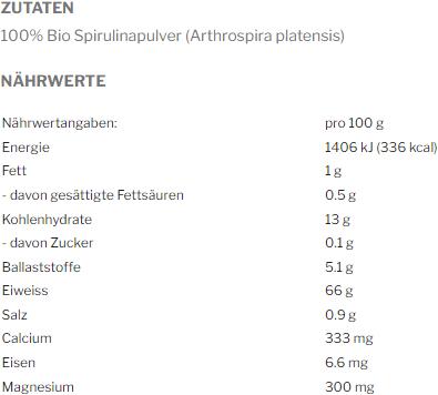 Nährwerte und Zutaten Effective Nature Bio Spirulina (1 Stück, Pulver, 250 g)