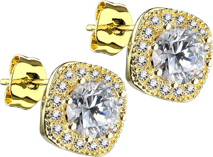 Actual product image Star Piercing Stud Earrings 14k Gold Plated Square with Crystal Border and Centre Crystal (Surgical steel 316L, Brass)