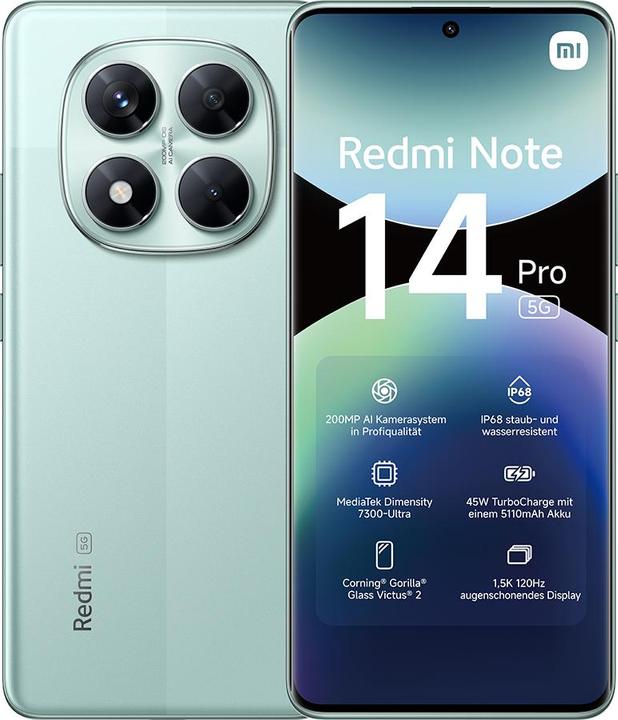 Produktbild Xiaomi Redmi Note 14 Pro 5G (512 GB, Coral Green, 6.67", Dual SIM, 200 Mpx, 5G)