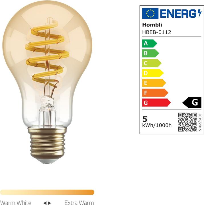 Label énergétique Hombli Ampoule à filament CCT E27 A60 (E27, 5.50 W, 300 lm, 1 x, G)