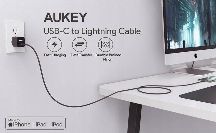 Image du produit Aukey CB-CL02 Black Nylon Lightning-USB C Cable | USB power supply USB-PD | 1.2 m | Apple MFi certificate (1.20 m, USB 3.2 Gen 1)