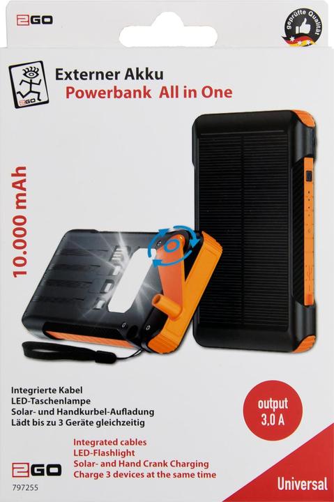 Immagine prodotto 2GO Banca di energia di emergenza da 10000mAh con ricarica solare e a manovella. (10000 mAh, 12 Wh)