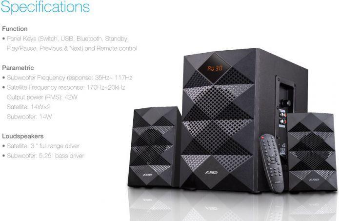 Actual product image Fenda Multimedia Bluetooth Speakers F&D A180X (2.1 Channel Surround, 42W, 200-20KHz, Subwoofer: 50-1 (Electrical connection)