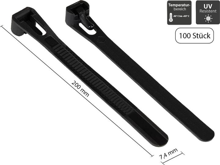 Produktbild Good Connections Wiederverwendbarer Kabelbinder 200 mm x 7,4 mm, schwarz, UV-resistent, -40 °C bis +85 °C, 100 Stück (Kunststoffkabelbinder, 200 mm, 100 Stk.)