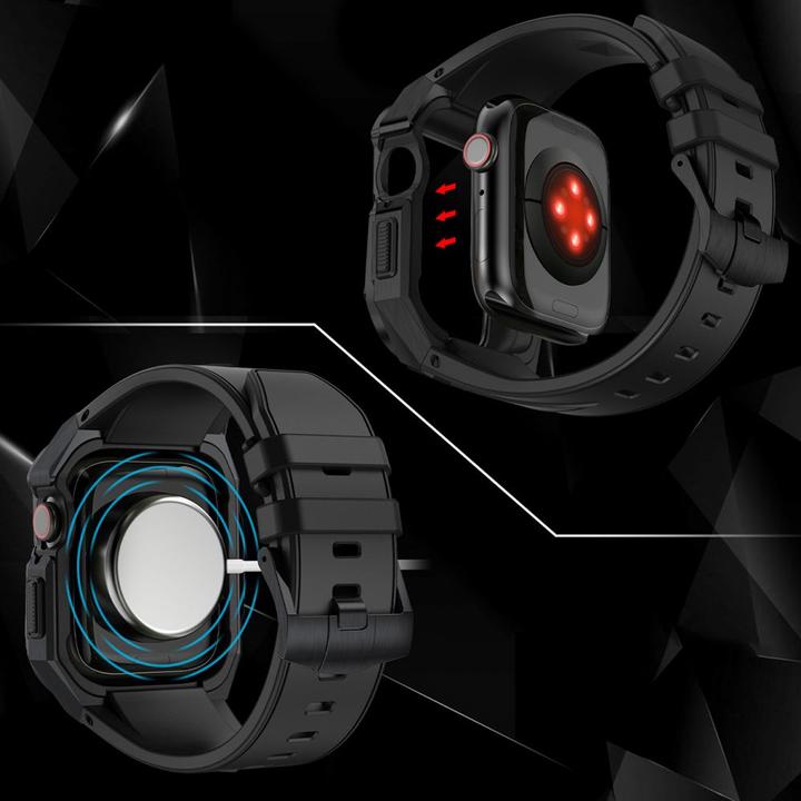 Produktbild Kingxbar CYF140 Robustes 2in1-Gehäuse für Apple Watch SE 6, 5, 4 (44 mm) Edelstahl mit schwarzem Armband (44 mm, TPU, Nerūdijantis plienas)