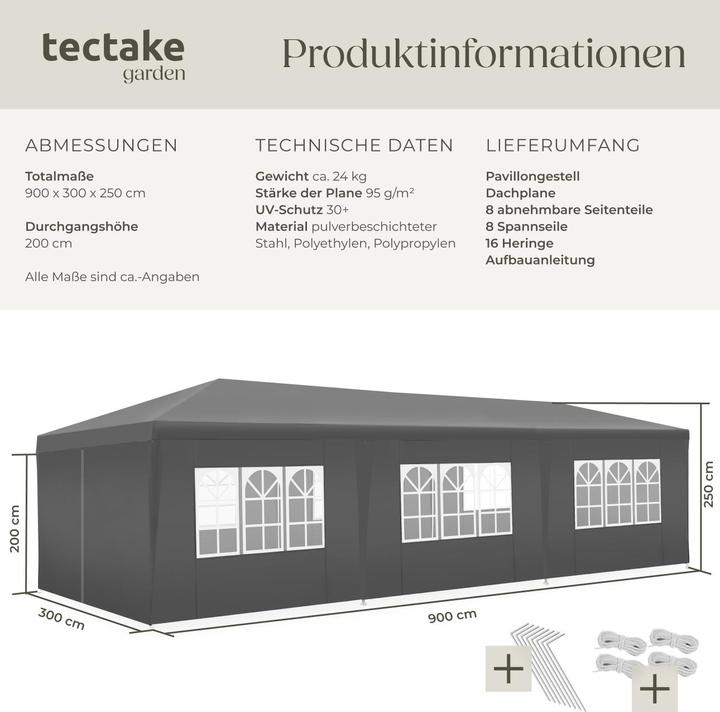 Produktbild tectake Pavillon Miramas mit 8 Seitenteilen, wasserdicht, 9x3m (900 cm, 300 cm)