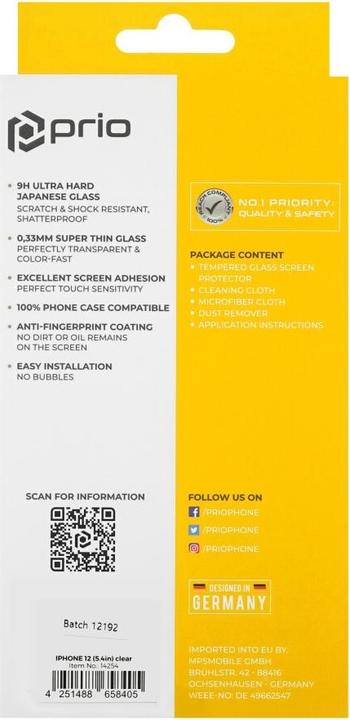 Produktbild prio Tempered Glass Screen Protector for iPhone 12 mini clear (1 Stück, Apple iPhone 12 mini)