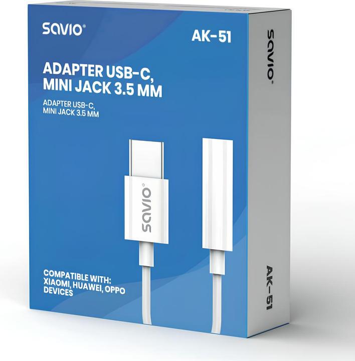 Image du produit Savio Adaptateur audio - USB type 3.1 C M - Prise jack 3,5 mm F - Blanc AK-51 (0.11 m, USB)