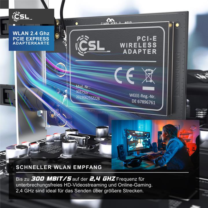 Produktbild CSL WLAN Netzwerkkarte 2,4 Ghz PCIe, 300 Mbit/s WiFi Adapter Karte mit 2x Externen Antennen (Mini PCI Express)