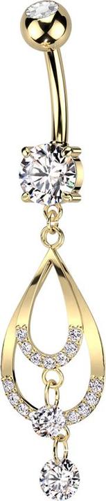 Actual product image Star Piercing Banana gold plated with two balls crystal silver pendant two drops with crystals (Brass, Surgical steel 316L)