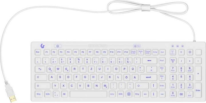 Immagine prodotto KeySonic Tastiera industriale, USB, illuminata, in silicone, bianca, protetta da acqua e polvere IP68, EN (DE, Cablato)