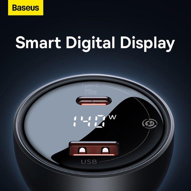 Produktbild Baseus Digital Display fast car charger USB-A / USB-C PD3.1 140W black + USB-C cable Superior