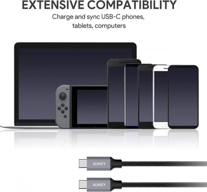 Actual product image Aukey CB-CD6 Quick Charge USB C - USB C nailoninis kabelis | 2m | 3A | 60W PD | 20V (2 m, USB 3.1, USB 2.0, USB 1.1, USB 3.2 Gen 1, USB 3.2 Gen 2x2, 60 W)