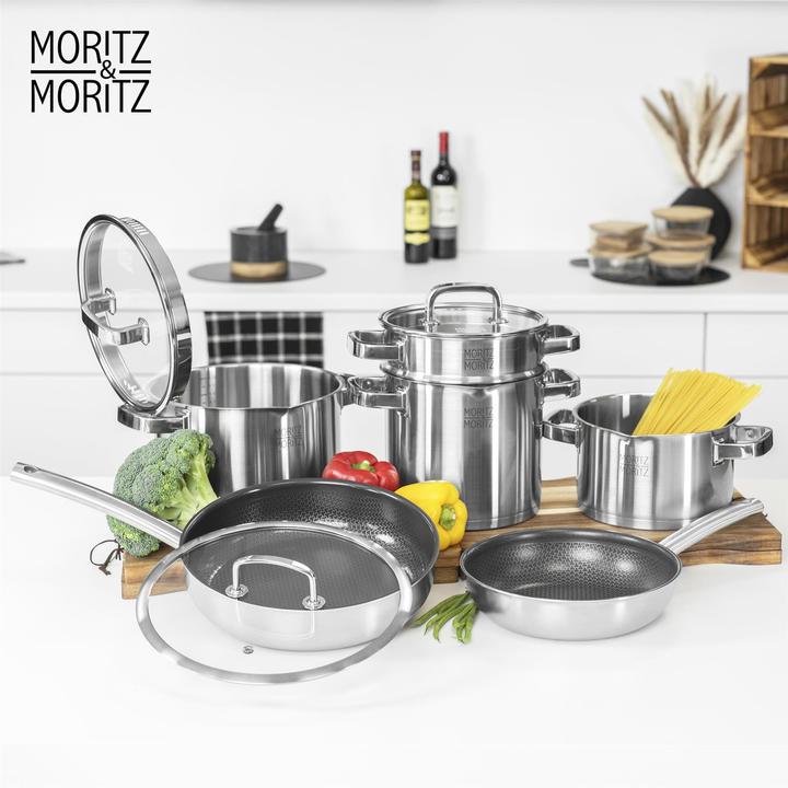Produktbild Moritz & Moritz Edelstahlpfanne Wabenstruktur 28cm mit Keramikbeschichtung der neuesten Generation (Pfannenset + Topfset, Edelstahl)