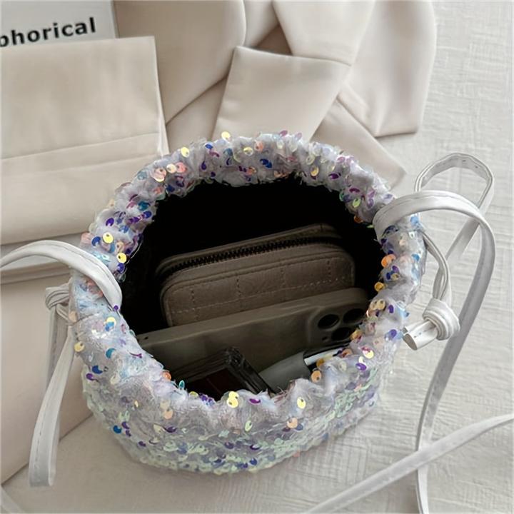 Actual product image Only-Bags.Store Colourful sparkle glitter sequins lightweight bucket bag, stylish street commuter style soft