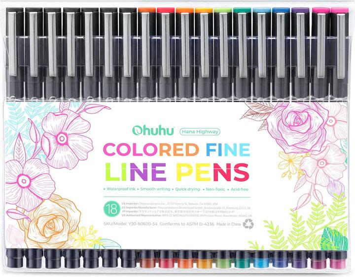 Immagine prodotto Ohuhu Penne da disegno a punta fine (Multicolore, 18 x)