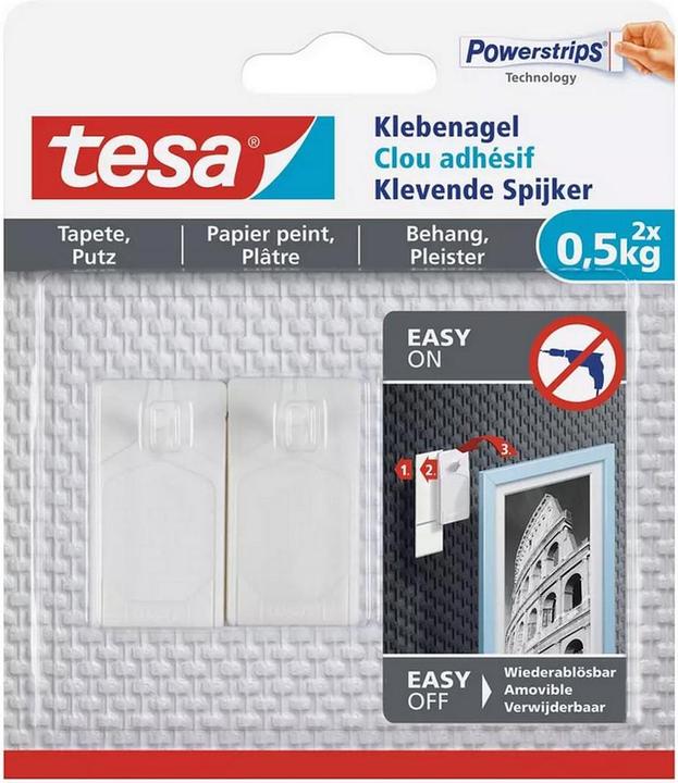Produktbild tesa Klebenagel für Tapete & Putz, 0,5kg Halteleistung, spurlos ablösbar & wiederverwendbar, 8 Nägel