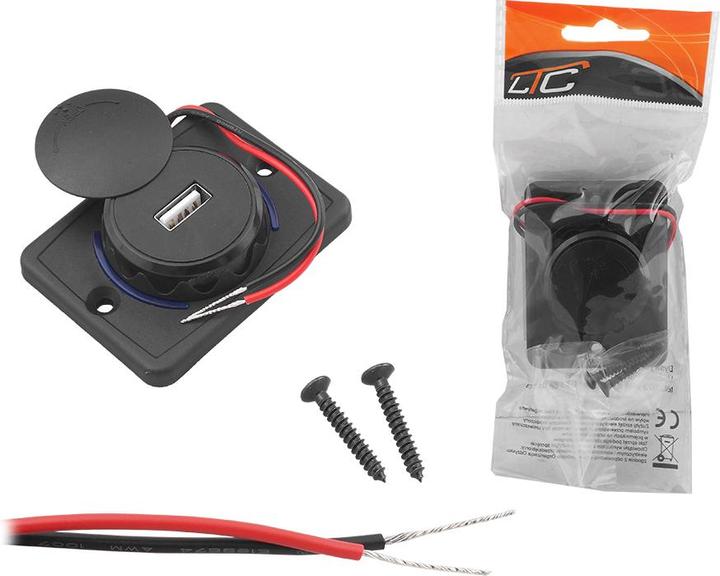 Actual product image Lasmex Recessed low profile car charger with lid out: USB-A 5V/2,4A in:12V/24V