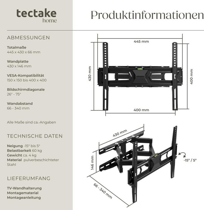 Produktbild tectake TVWandhalterung (Wand, 55", 60 kg)
