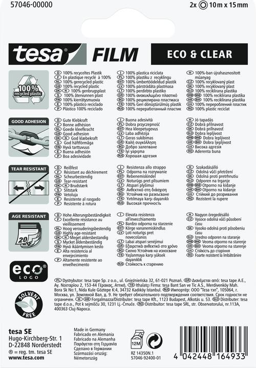 Produktbild tesa 2x tesafilm ECO & CLEAR, lösungsmittelfrei und alterungsbeständig (15 mm)