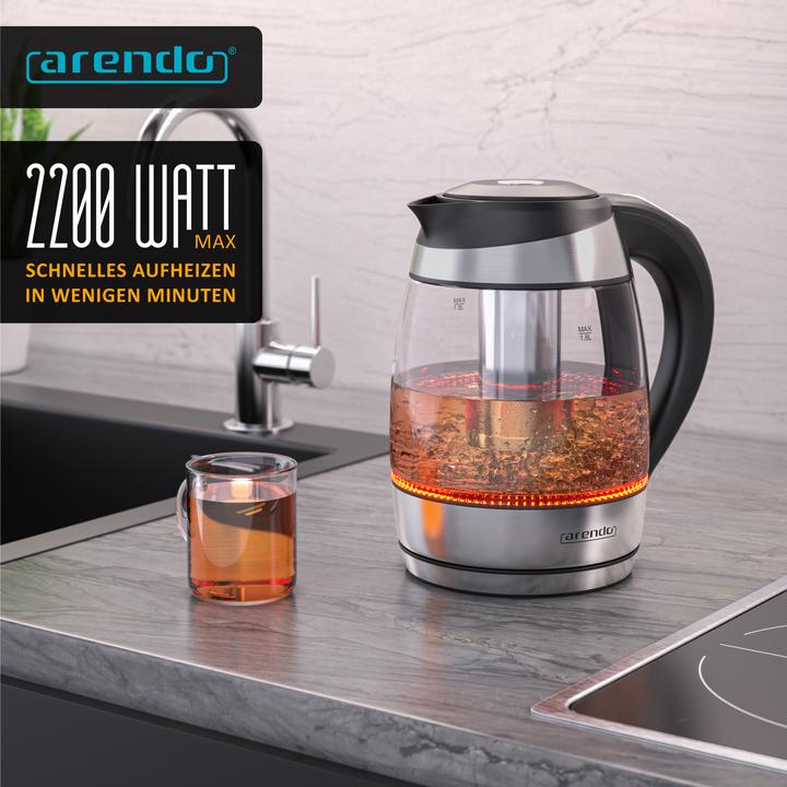 Actual product image Arendo Wasserkocher 1,8 L aus Glas & Edelstahl mit Temperatureinstellung & Teesieb, Teekocher 2200 W (1.80 l)