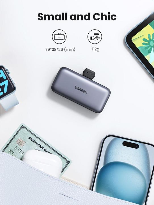 Actual product image Ugreen 5000mAh Power Bank with Built-in USB-C Connector (5000 mAh, 22.50 W, 18 Wh)