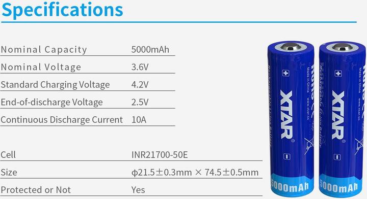 Produktbild Xtar 5000mAh 3.6V 21700 battery with PCB (1 Stk., Gerätespezifisch, 5000 mAh)