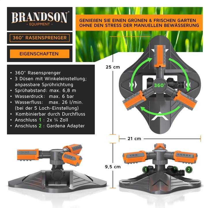 Produktbild Brandson Kreisregner, 360° Rasensprenger, 3 Arm, Garten Sprinkler, Bewässerungssystem, Gardena kompatibel (Kreisregner)