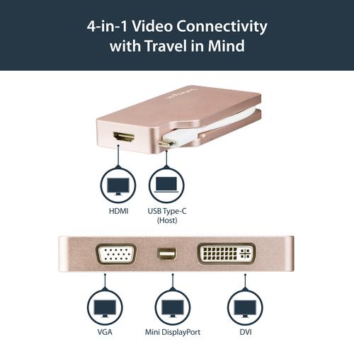 Image du produit StarTech Adaptateur vidéo USB-C multiport - Or rouge - Adaptateur d'affichage 4-en-1 USB-C vers VGA DVI HDMI (HDMI, DVI, VGA, Mini DP, 10.40 cm)