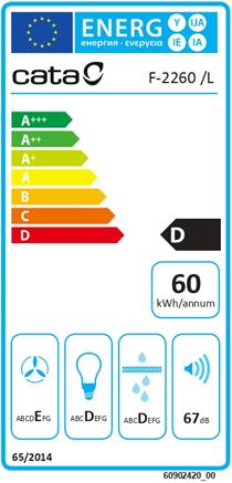 Energy Label Cata Hood F-2260 X Conventional, Energy efficiency class D, Plotis 60 cm, 311 m³/h, Mechanical contr (Flat-screen hood)