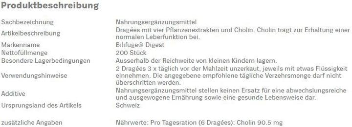 Nährwerte und Zutaten Bilifuge Digest Drag (200 Stück, Tabletten, 118 g)