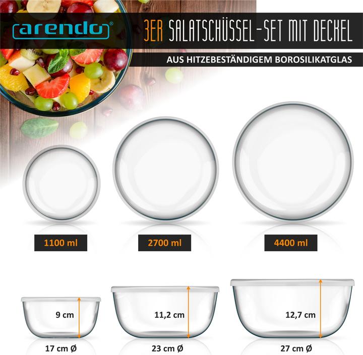 Produktbild Arendo Salatschüssel 3er Set mit Deckel (27 cm, 4.40 l, 3 x)