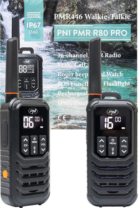 Immagine prodotto PNI Radio portatile PMR R80 PRO, set di 2, 0,5 W, 16 canali, impermeabile IP67, con torcia LED