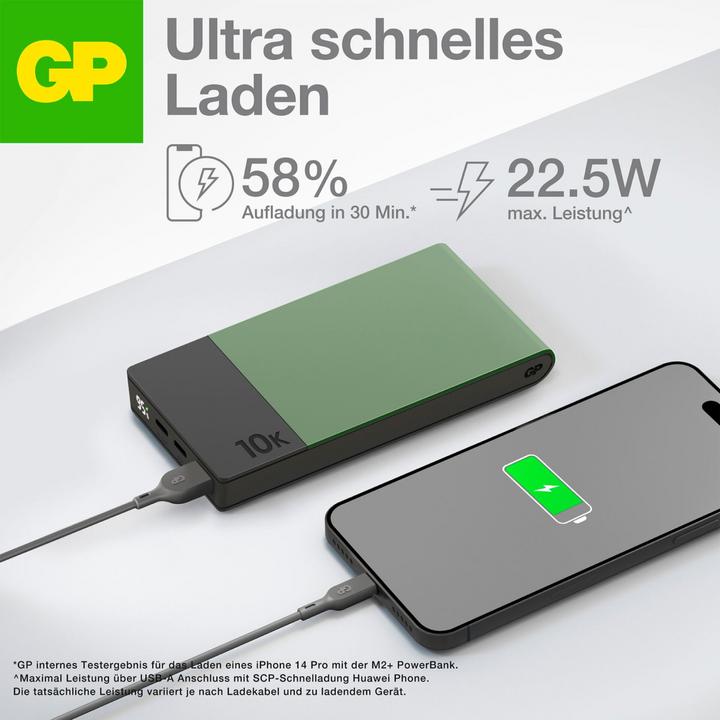 Actual product image GP Batteries GP PowerBank M2+ 10C 10000mAh 2xUSB-C/1xUSB-A green LED display (10000 mAh, 22.50 W, 37 Wh)