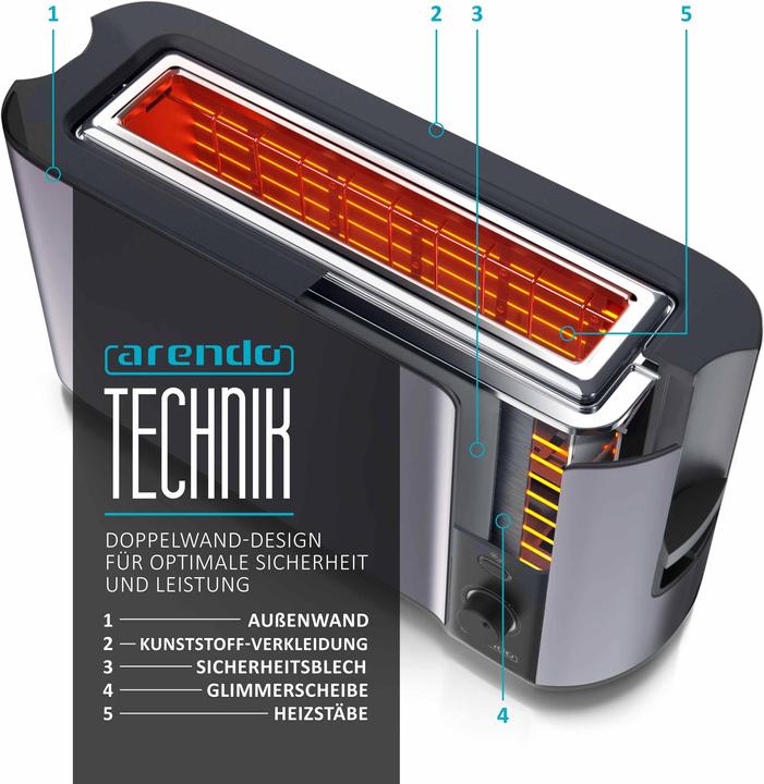 Image du produit Arendo Grille-pain en acier inoxydable 2 tranches à fente longue, écran avec indication du temps restant