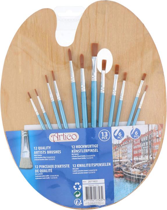 Artico Pinsel mit Holzmalerpalette, 13 Stk.