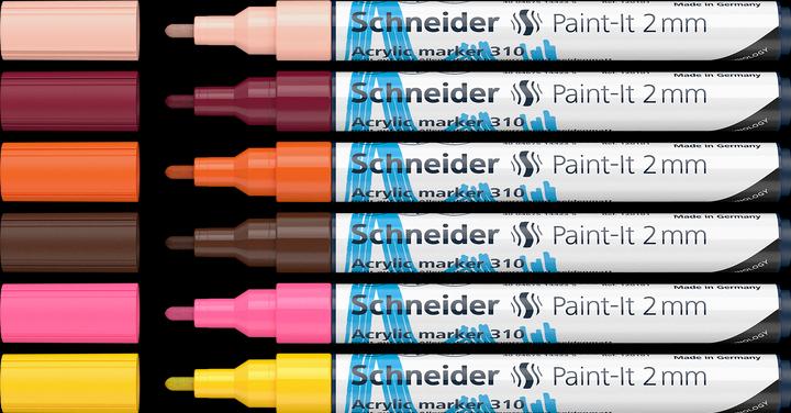 Immagine prodotto Schneider Matite acriliche Paint-It (set di 3 matite con punta da 2 mm, colori acrilici altamente coprenti (Pink, Giallo, Marrone, Albicocca, Borgogna, Arancia, 2 mm, 6 x)