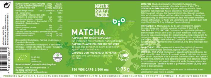 Valori nutrizionali e ingredienti NaturKraftWerke Matcha Vegicaps à 500mg organico/kbA (1 Pezzo/i, Pillole, 281 g)