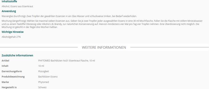 Nährwerte und Zutaten Phytomed Bachblüten No31 Eisenkraut (1 Stück, Flüssigkeit, 22 g)