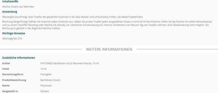 Valori nutrizionali e ingredienti Phytomed Bachblüten No32 Weinrebe (1 Pezzo/i, Liquido, 22 g)