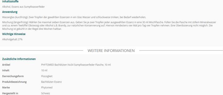 Valeurs nutritives et ingrédients Phytomed Bachblüten No34 Sumpfwasserfeder (1 pièce(s), Liquide, 22 g)