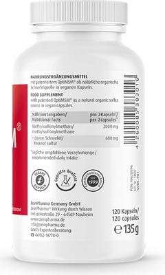 Valeurs nutritives et ingrédients Zein Pharma OptiMSM (120 pièce(s), Capsules, 135 g)