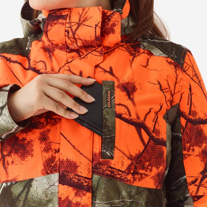 Produktbild Solognac Women’s 3-in-1 warm silent waterproof hunting jacket neon camouflage 500 (34)