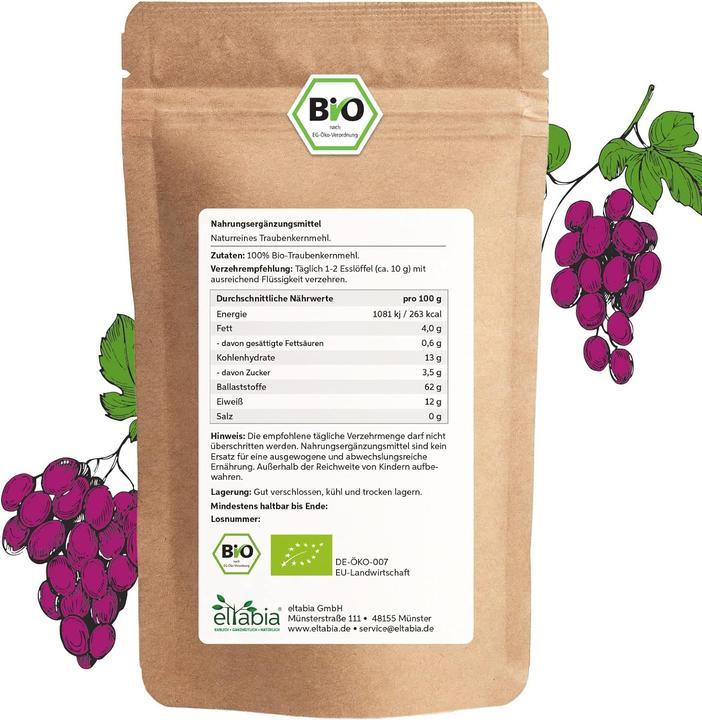 Immagine prodotto Eltabia Farina di semi d'uva biologica OPC Estratto di semi d'uva in polvere Premium Raw Food Quality (1 Pezzo/i, Polvere, 200 g)