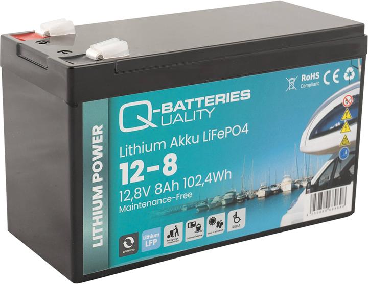 Immagine prodotto Q-Batteries Batteria al litio 12-8 12,8V 8Ah 102,4Wh Batteria LiFePO4 (12.80 V, 8 Ah)