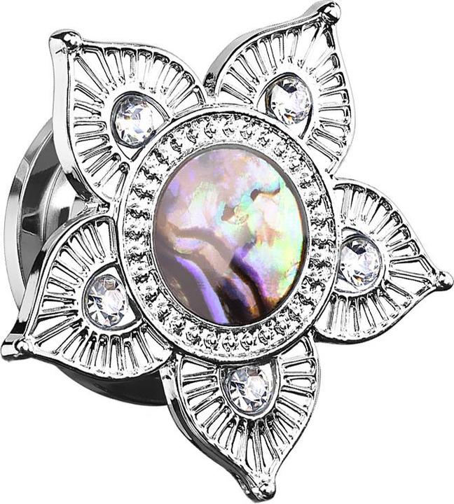 Star Piercing Flesh Plug Triabl Blume mit Abalone und Kristall (Messing, Chirurgenstahl 316L)