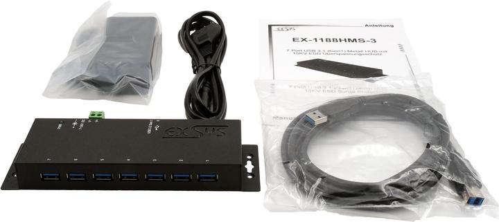 Actual product image Exsys USB 3.2 HUB 7-Port external incl.power supply. incl.power supply 12V/3A and USB cable (USB-B, 7 Ports)