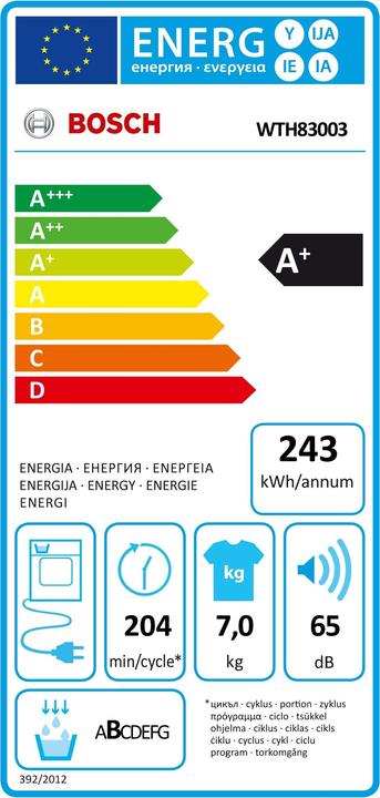 Energie-Label Bosch Hausgeräte WTH83003 (7 kg, Rechts, EU-Stecker)