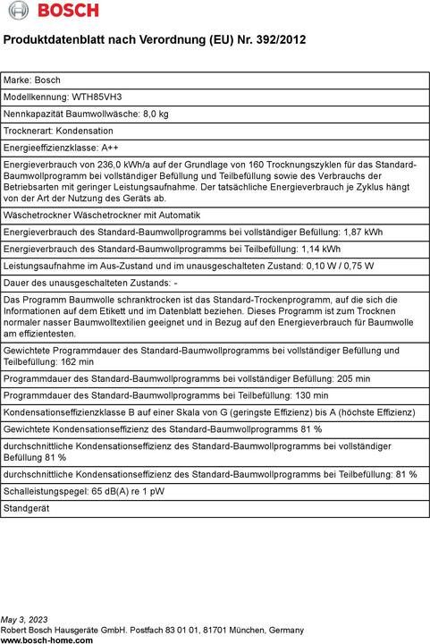 Produktbild Bosch Hausgeräte MDA Wrmepumpentrockner Serie4,Express WTH85VH3 (8 kg, Rechts)