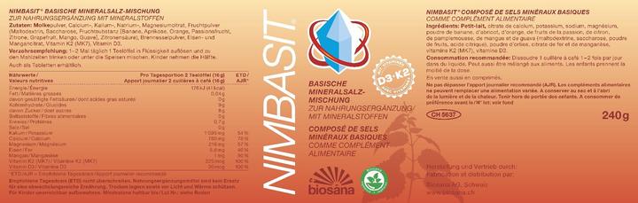 Valeurs nutritives et ingrédients Nimbasit Poudre de sel minéral (1 pièce(s), Poudre, 240 g)